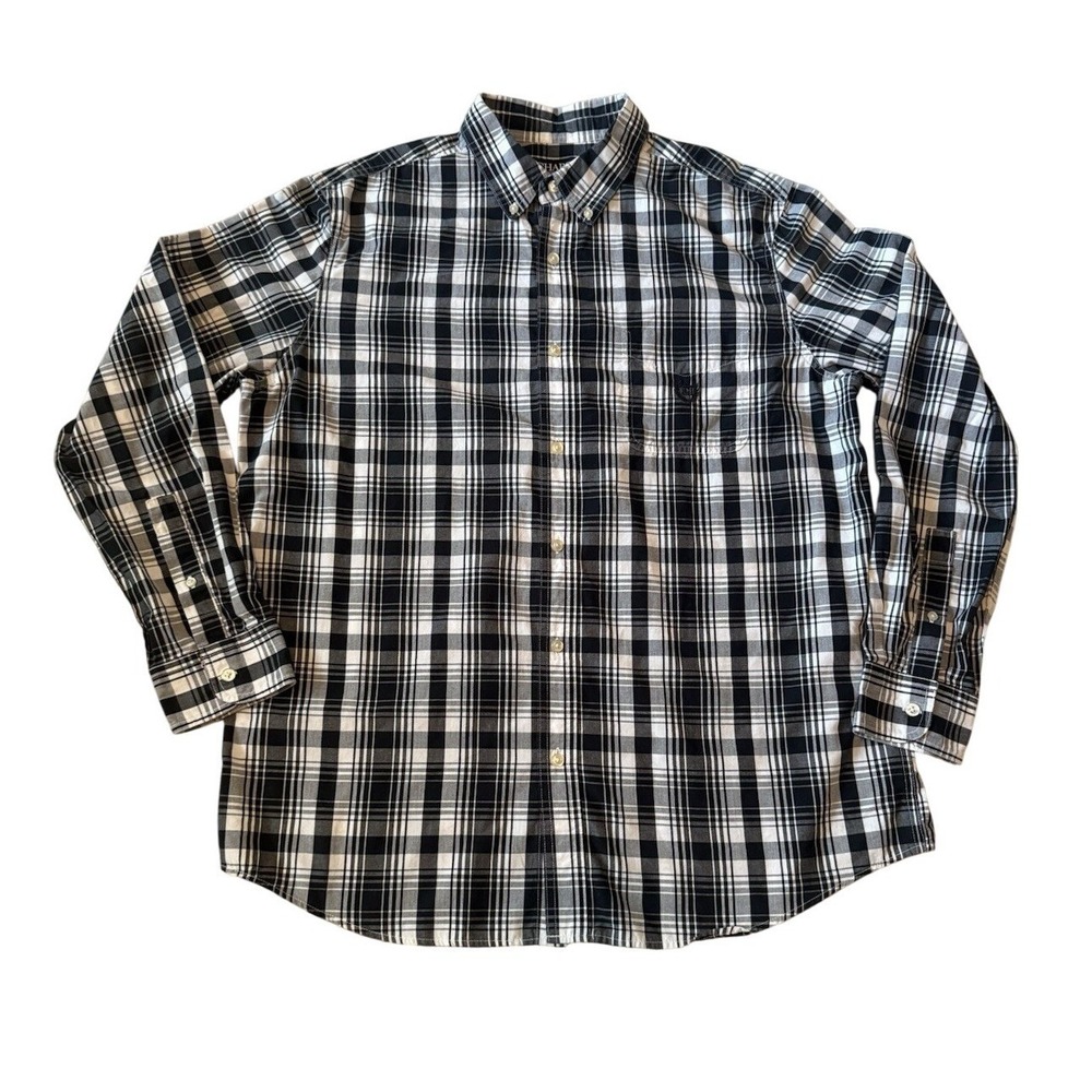 Chaps Plaid Easy Care Button Down Cotton Plaid Black White Size Men's Large